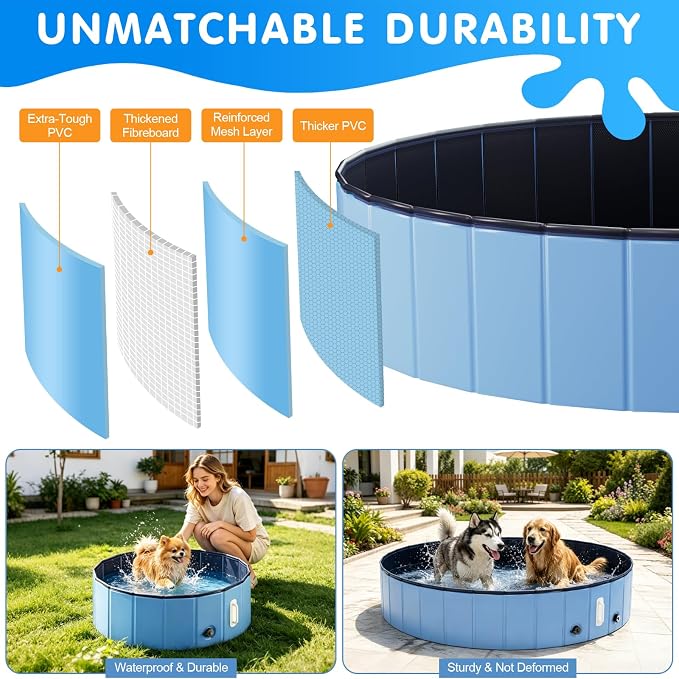DEWEL Portable Foldable Dog Pool Bath Tub for Dogs Cats & Pets, Collapsible PVC Kiddie Bath Tub Pool with MDF Reinforced Panels, Non-Slip Bottom for Bathing Swimming Outdoor Backyard Patio Play