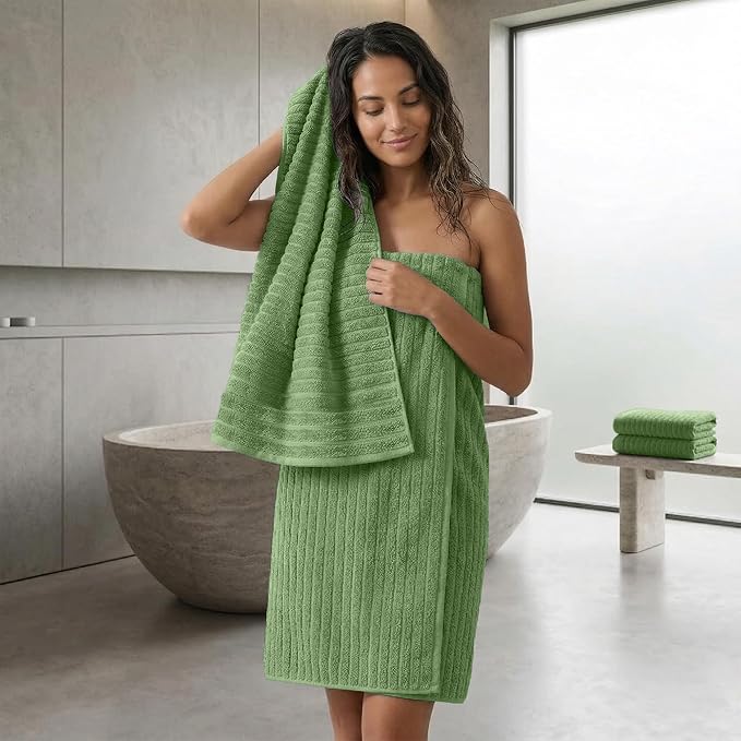RIVERSIDE Pack of 2 Extra Large Bath Sheet Towels, 35 x 70 Inches, 600 GSM, Ribbed Stripe, 100% Cotton - Super Soft, Highly Absorbent & Quick Dry for Bathroom, Spa & Hotel, Sage Green