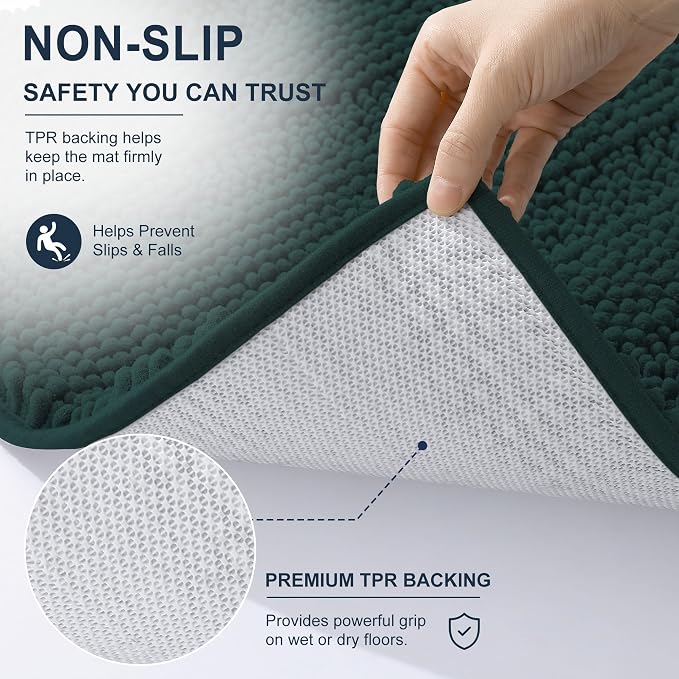 Smiry Thick Small Chenille Bathroom Rugs 24x16, Extra Absorbent Striped Bath Mat, Machine Washable, Rubber Backing, Bath Rugs for Bathroom, Tub & Shower, Home Decor Accessories, Blackish Green