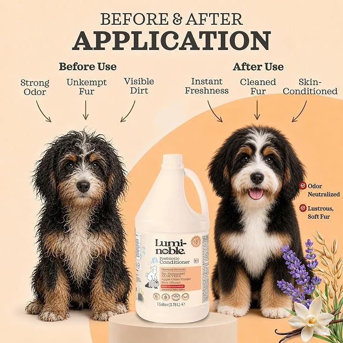 Lumi-Noble Vegan Prebiotic Cat & Dog Conditioner Detangler- Hypoallergenic Puppy & Dog Conditioner with Oatmeal & Vanilla Formula– Detangling & Moisturizing for Sensitive Skin – Gallon Size