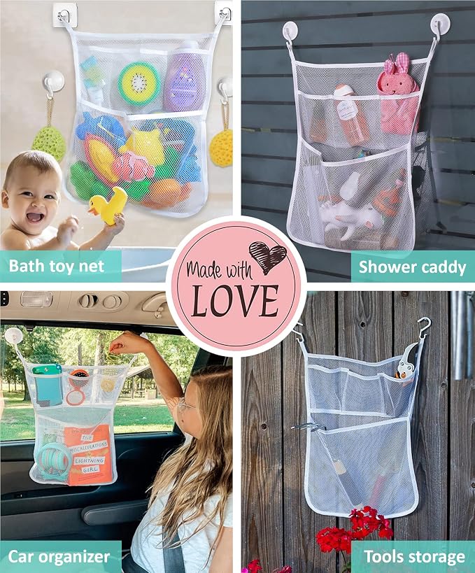 Bath Toy Storage Organizer – Large Mesh Bath Toy Holder & Bath Toy Net for Tub, Quick Dry Bathtub Bag with 2 Strong Suction Cups, 2 Adhesive Hooks, Quick-Dry Hanging Shower Cubby Basket, 14x20 Inch
