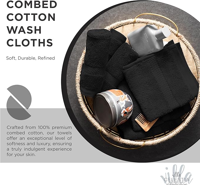 Cotton Washcloths Set of 6, 12x12 Inch, 100% Ring-Spun Combed Cotton, Soft Absorbent Quick-Dry Wash Cloths for Face and Body, Oeko-TEX Certified, Hotel & Spa Quality, Black