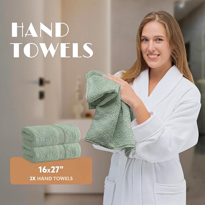 White Classic Mint Green Bath Towel Set of 6-100% Cotton Highly Absorbent Towels for Bathroom, 2 Luxury Bath Towels 650GSM, 2 Hand Towels, 2 Washcloths