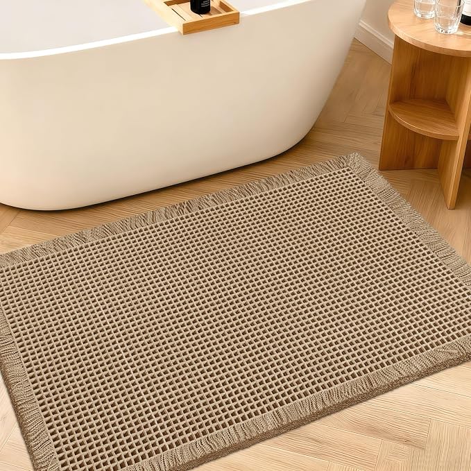ACCUMTEK Upgraded Waffle Bath Mat, 36"x24" Beige, Super Absorbent Non-Slip Quick Dry Bathroom Rugs with Tassels, Machine Washable Ultra Soft Boho Bath Rugs for Floor, Toilet Mats Boho Farmhouse Decor