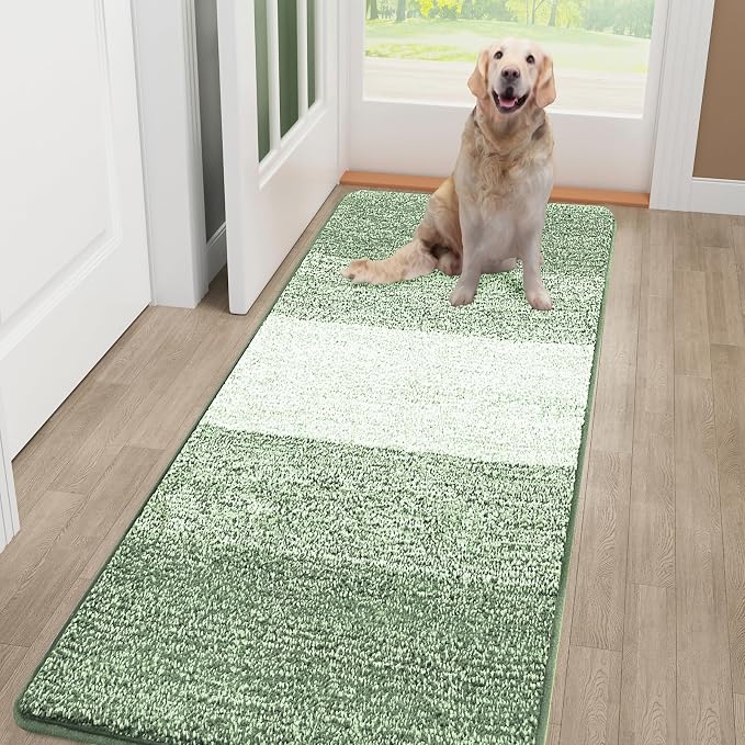 Smiry Dog Door Mat for Muddy Paws, Absorbs Moisture and Dirt, Low-Profile Entryway Mat with Non-Slip Backing, Entry Indoor Outdoor Doormat for Inside Floor (50x30 Inches, Sage Green, Striped)