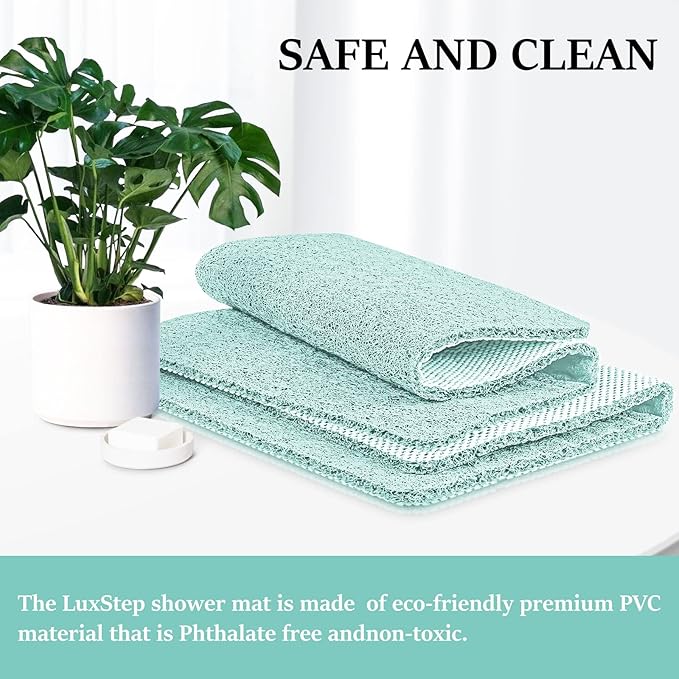 LuxStep Shower Mat Bathtub Mat,40x24 inch, Non-Slip Bath Mat with Drain, Quick Drying PVC Loofah Bathmat for Tub,Shower,Bathroom,Green