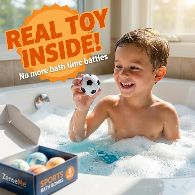 Bath Bombs For Boys W/Educational Flash Cards - Bathbombs with Toys Inside - 2.5 oz Gift Set of 6 Scented Organic Handmade with Natural Essential Oils - Sports Surprise Inside - Bath Toys - by Zenseme