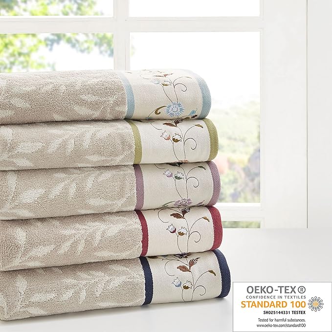 Madison Park Serene 100% Cotton Bath Towel Set Luxurious Floral Decorative Towels for Bathroom Embroidered Cotton Jacquard Design Soft Highly Absorbent for Shower 600 GSM, Multi-Sizes, Navy 6 Piece