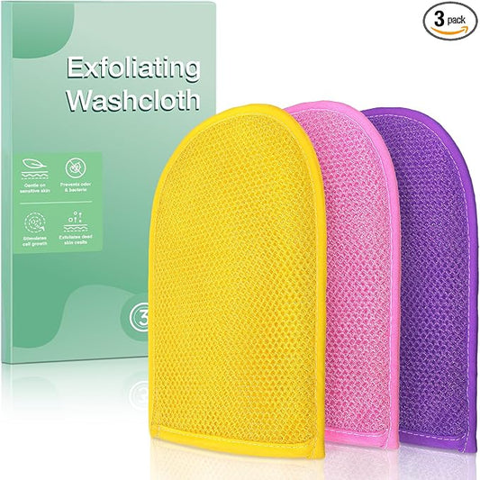 African Net Sponge Exfoliating Gloves, 3-Pack Bath Mitts for Deep Cleaning & Dead Skin Removal, Assorted Colors (Pink, Yellow, Purple)
