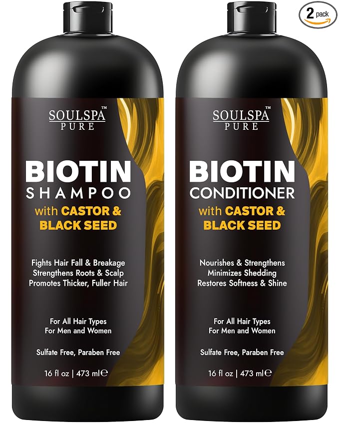 SOULSPA PURE Castor Oil & Black Seed Biotin Shampoo and Conditioner Set - Sulfate Free Nourishing Formula for Thinning Hair & Dry Scalp - Deep Moisture for Men & Women - 16 fl oz Each