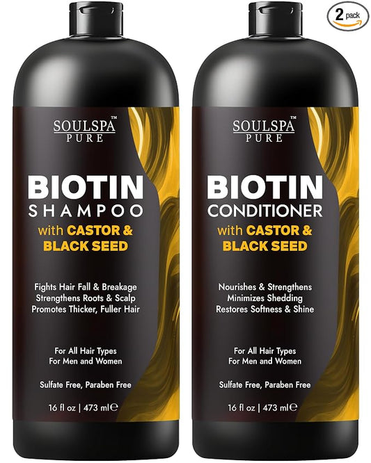 SOULSPA PURE Castor Oil & Black Seed Biotin Shampoo and Conditioner Set - Sulfate Free Nourishing Formula for Thinning Hair & Dry Scalp - Deep Moisture for Men & Women - 16 fl oz Each