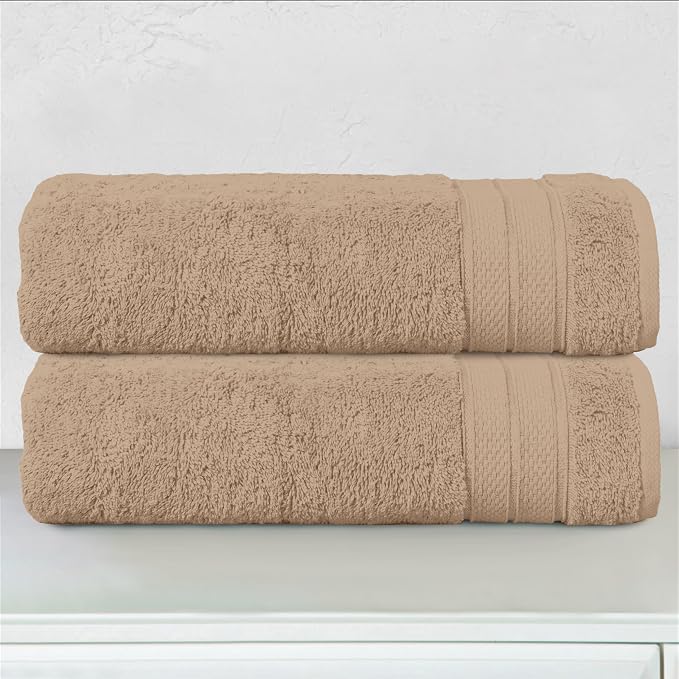 Elegant Comfort Three Line Popcorn Towel Set for Bathroom 27 x 54 inches, Premium Hotel Quality 2-Pack Bath Towels, 100% Turkish Cotton, Soft and Durable, Quick Dry and Highly Absorbent, Tan