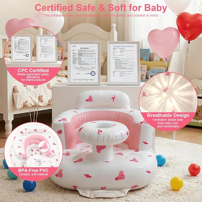 Inflatable Baby Seat for Babies 3-36 Months, Baby Chair with Fence & Built in Air Pump, Blow Up Floor Baby Seat with Back Support, Inflatable Baby Chair Sit Me Up for Home Pink Rabbit-Tray