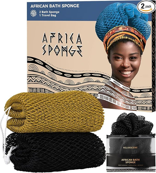 African Net Sponge Black and AntiGolden - 2 Pieces Authentic African Bath Sponges with Knots - Exfoliating Body Scrubber for Men - Back Scrub Exfoliator for Shower Bathroom Accessories
