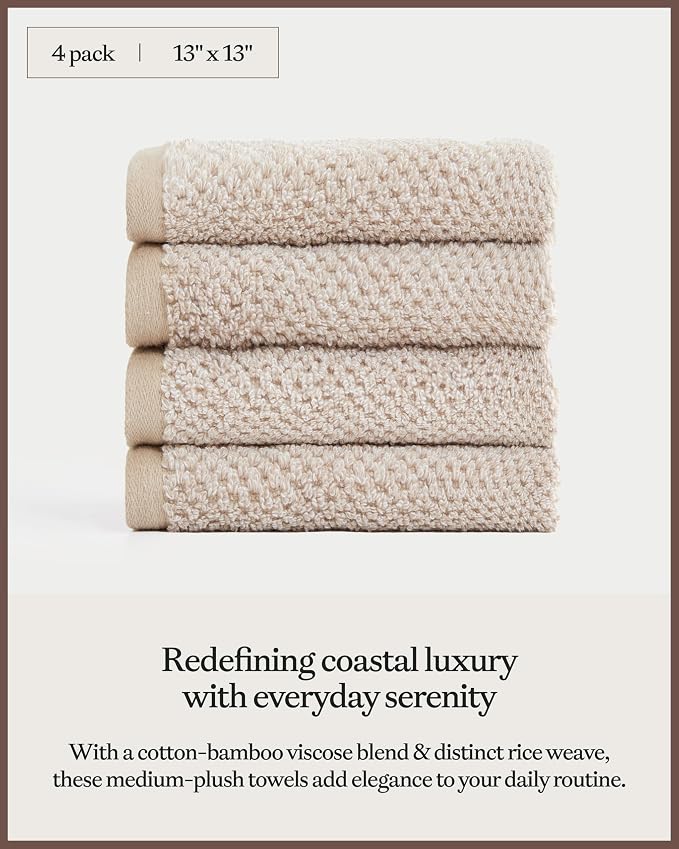 Cozy Earth Nantucket 60% Cotton 40% Viscose from Bamboo Washcloth - 600 GSM Plush & Fast-Drying with Rice Weave Pattern - 4 Pack 13" x 13" Luxury Washcloth - Sand
