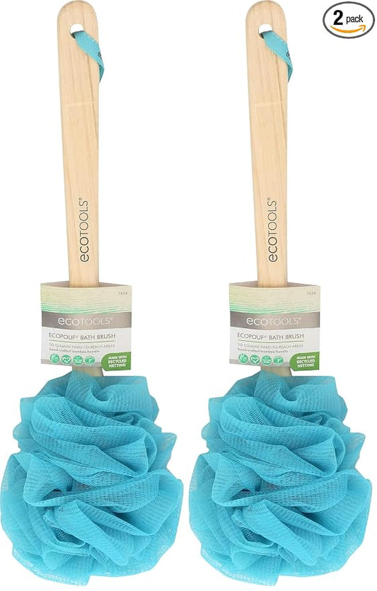 Bath Pouf with Handle - Hard-to-Reach Cleansing Sponge - EcoPouf Bath Brush - Assorted Colors (Pack of 2)