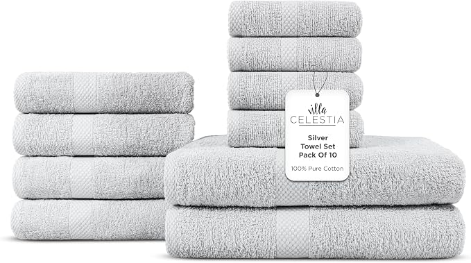 10-Piece 100% Cotton Towel Set, 2 Bath Towels, 4 Hand Towels, 4 Wash Cloth, Quick-Dry, Silver