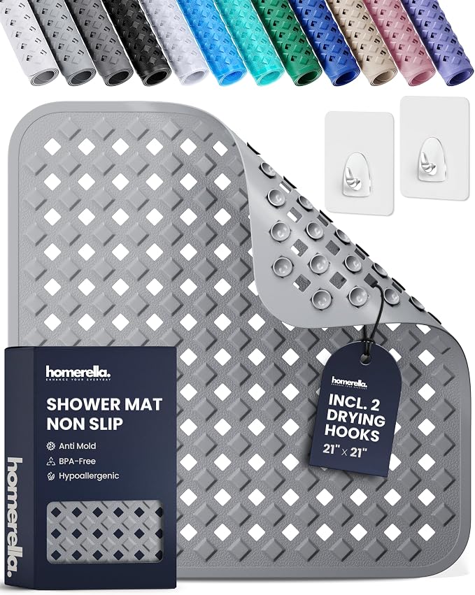 homerella® Shower Mat Non Slip Anti Mold, Non Slip Shower Mats for Inside Shower Stall Anti Slip Mat, Square Shower Floor Mat 21 x 21 in with Suction Cups & Hooks for Quick Drying, Machine Washable