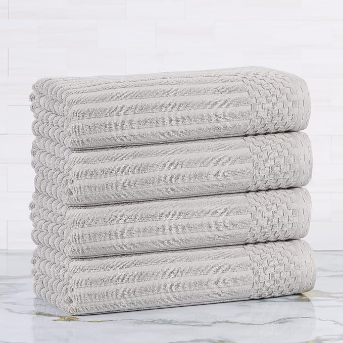 Superior 4 Piece Cotton Bath Towel Set, Includes 4 Bath Towels, Daily Use for Bathroom, Guest Bath, Quick Dry, Spa, Resort Towels, Ribbed, Absorbent, Home Essentials, Soho Collection, Silver