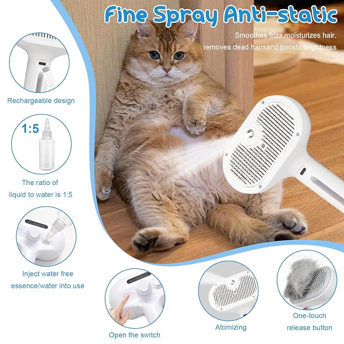 Fresh Fur Shower Brush,3 in 1 Pet Steam Brush,Spray Hair Removal Comb for Cats ＆ Dogs - Deshedding＆ Grooming (White)