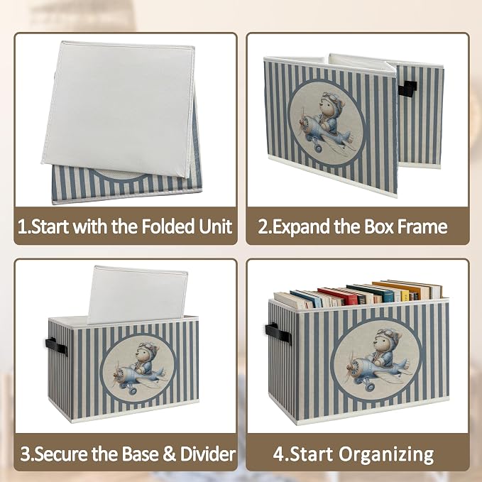 Bear Airplane Nursery Foldable Storage Bins Box with Handles, Blue Striped Aviator Bear Collapsible Organizer Basket for Kids Toddler Boy Bedroom Bathroom Playroom Clothes Books