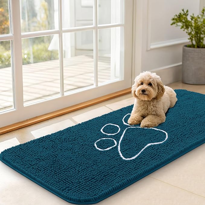 OLANLY Dog Door Mat for Muddy Paws 47x20, Paw Print Design, Absorbs Moisture and Dirt, Absorbent Non-Slip Washable Doormat, Quick Dry Chenille Mud Mat, Entry Indoor Entryway Carpet, Atlantic Blue