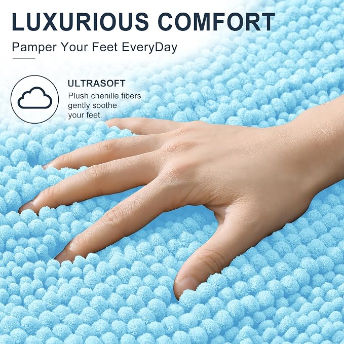 Smiry Thick Chenille Bathroom Rugs 36x24, Extra Soft Absorbent Striped Bath Mat, Machine Washable, Rubber Backing, Bath Rugs for Bathroom, Tub & Shower, Home Decor Accessories, Sky Blue