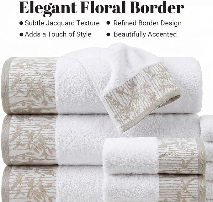 Superior Floral Jaquard Cotton Bathroom Towels, 12pc Towel Set, White | Soft Absorbent Quick Dry Terry Weave, Hotel Quality, Wisteria Towels Includes 3 Bath Towels, 3 Hand Towels, 6 Washcloths