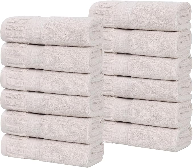 Superior Venice Zero Twist Cotton Medium Weight Small Towels, for Kitchen, Bathroom, Shower, Spa, Plush Essentials, Ribbed Textured Border, Face Towels Washcloths, Set of 12, Silver