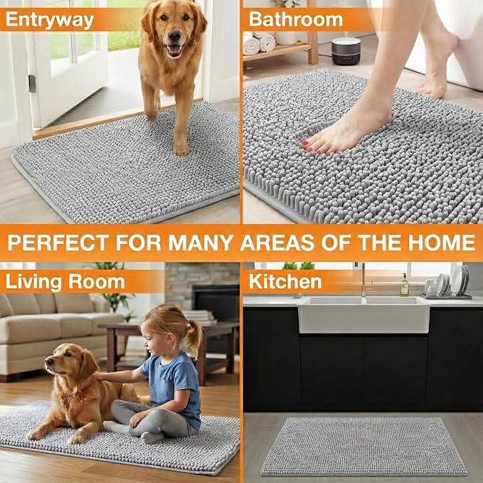 Neater Pets Muddy Paws Dog Door Mat 30” x 20” – Super Absorbent & Quick-Dry Chenille Doormat for Trapping Dirt, Water, Mud - Non-Slip & Machine Washable Pet Rugs for Entryway, Indoor Mud Mats, Gray