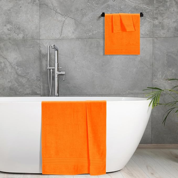 BOUTIQUO Ultra Soft 3 Pack Cotton Towel Set, Contains a Bath Towels 28x55 inch, a Hand Towels 16x24 inch & a Wash Coths 12x12 inch, Ideal Everyday use, Compact & Lightweight - Orange