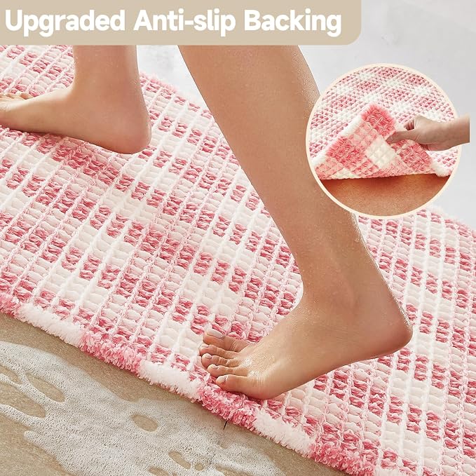 TYUU Waffle Bath Mat, Boho Bathroom Rugs Non Slip Washable Absorbent Checkered Bathroom Mat Quick Dry Cute Bath Mat, 48"x24" Pink and White