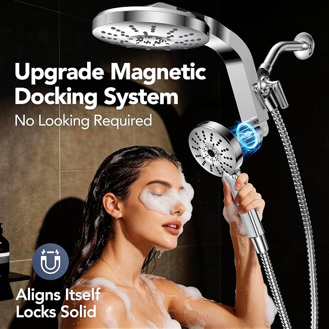 High Pressure Rain Showerhead Combo, 2026 Magnetic Shower Head Set with Detachable 8-Mode Handheld Shower Spray, Adjustable Angle Dual Showerhead System with Built-in Magnetic Docking and Power Jets