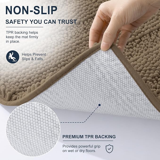 Smiry Thick Small Chenille Bathroom Rugs 24x16, Extra Soft Absorbent Striped Bath Mat, Machine Washable, Rubber Backing, Bath Rugs for Bathroom, Tub & Shower, Modern Home Decor Accessories, Tan
