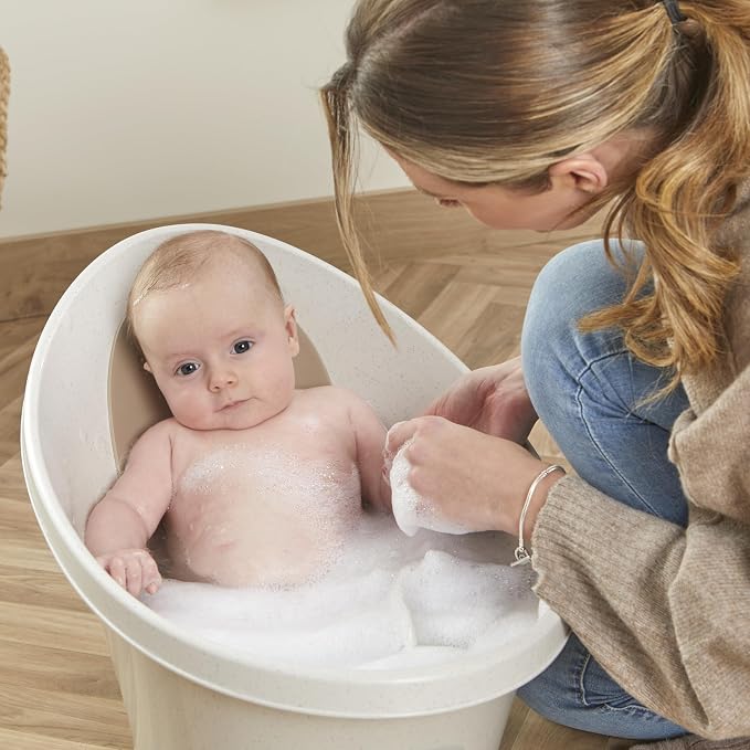 Shnuggle ECO Newborn Baby Bath | Recycled Material with Built-in Support Bump and Soft Backrest | Suitable from Newborn | Includes Water Plug | Cookies and Cream Colour | Beige Taupe Speckled