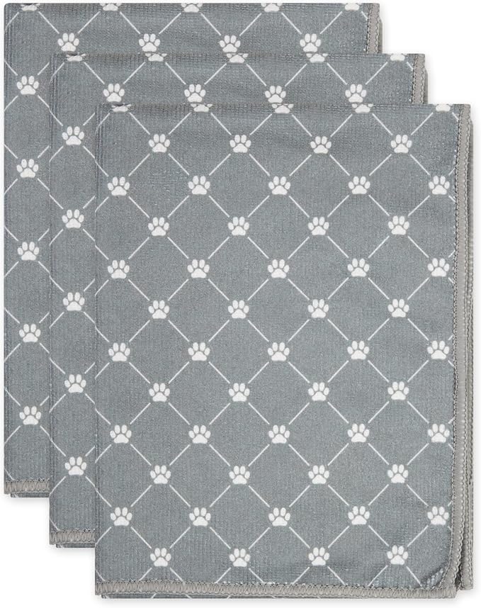 Bone Dry Pet Grooming Towel Collection Trellis Print, Microfiber Absorbent Drying Set, 15x30, Gray, 3 Count