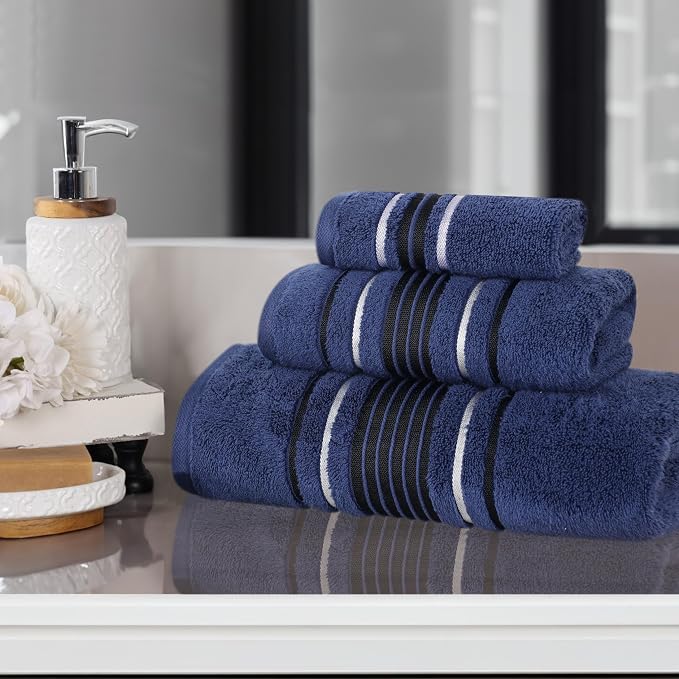 Superior Cotton 3 Piece Towel Set, Includes 1 Bath, 1 Hand, 1 Washcloth/Face Towel, Quick Dry, Home Essentials, Shower, Spa, Luxury Plush Soft Absorbent Towels, Zero Twist, Solid, Navy Blue
