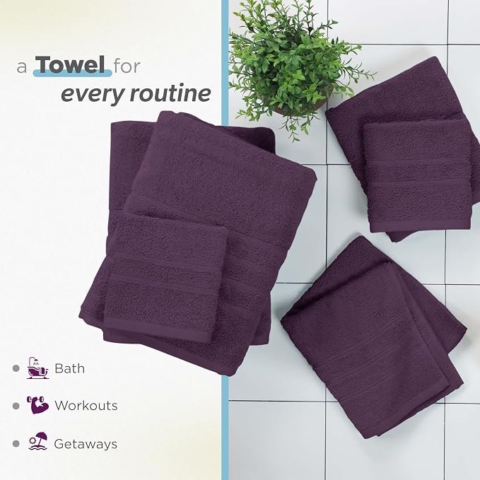 Martex Ultimate Performance 6-Piece Towel Set, Dark Purple | 100% Cotton, Supersoft & Absorbent, Low-Linting, Easy Care, Versatile, 2 Bath Towels, 2 Hand Towels, 2 Wash Cloths