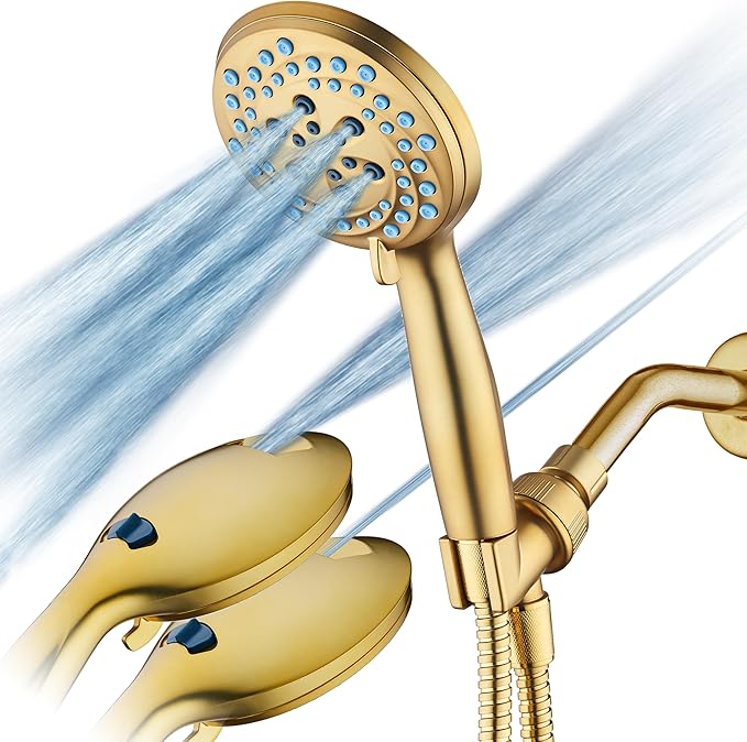AquaCare Seen-On-TV High Pressure 8-mode Handheld Shower Head - 2-mode Power Wash to Clean Tub, Tile & Pets, Stay-Clean Nozzles, Extra Long 6 ft. Stainless Steel Hose, Wall & Overhead Brackets, Gold