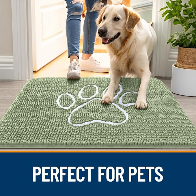 OLANLY Dog Door Mat for Muddy Paws 47x20, Paw Print Design, Absorbs Moisture and Dirt, Non-Slip Washable Doormat, Quick Dry Chenille Mud Mat for Dogs, Entry Indoor Entryway Carpet, Sage Green