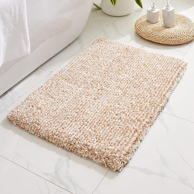 Disolla Bathroom Rug 24x36 - Non-Slip Plush Thick Bath Mat, Highly Absorbent & Ultra Soft Fluffy Floor Mat, Machine Washable for Shower and Tub, Beige & White