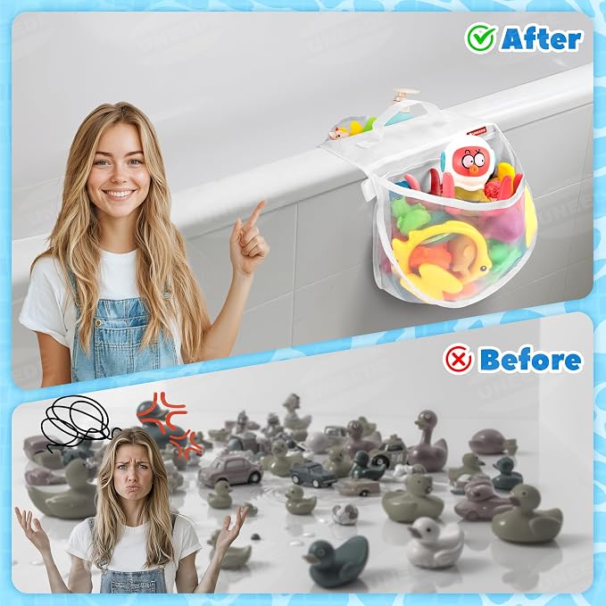UNEEDE 2-Compartment Mesh Bath Toy Organizer, Easy Access for Children & Parents, Durable 2-Pocket Bath Toys Storage Without Suction Cups,Quick Dry Shower Storage Net to Declutter Bath Time Mess