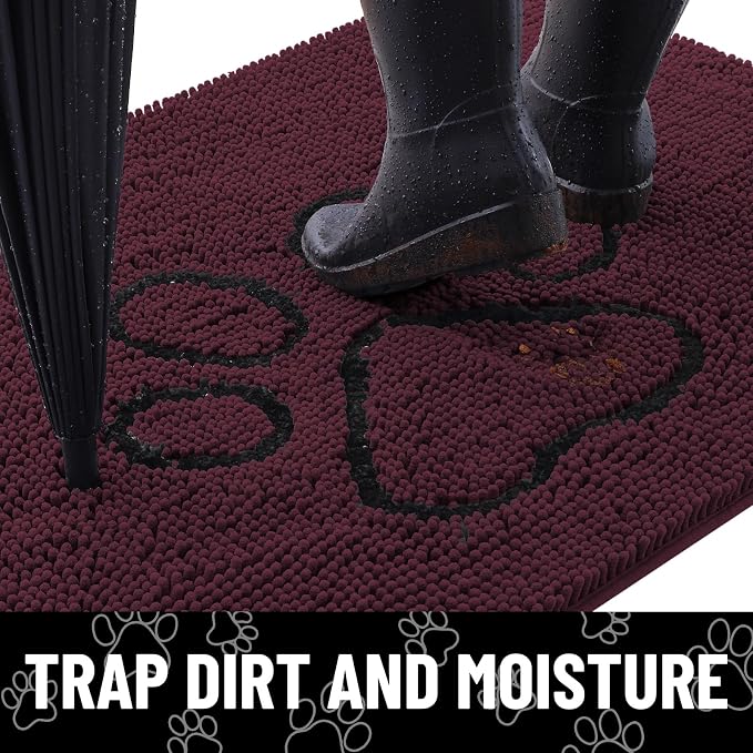 Smiry Dog Door Mat for Muddy Paws, Absorbent Dirt Trapper Non Slip Quick Dry Washable Chenille Mat for Mud Dogs, Entry Rug for Indoor and Outdoor (30x20 Inches, Russet and Black)