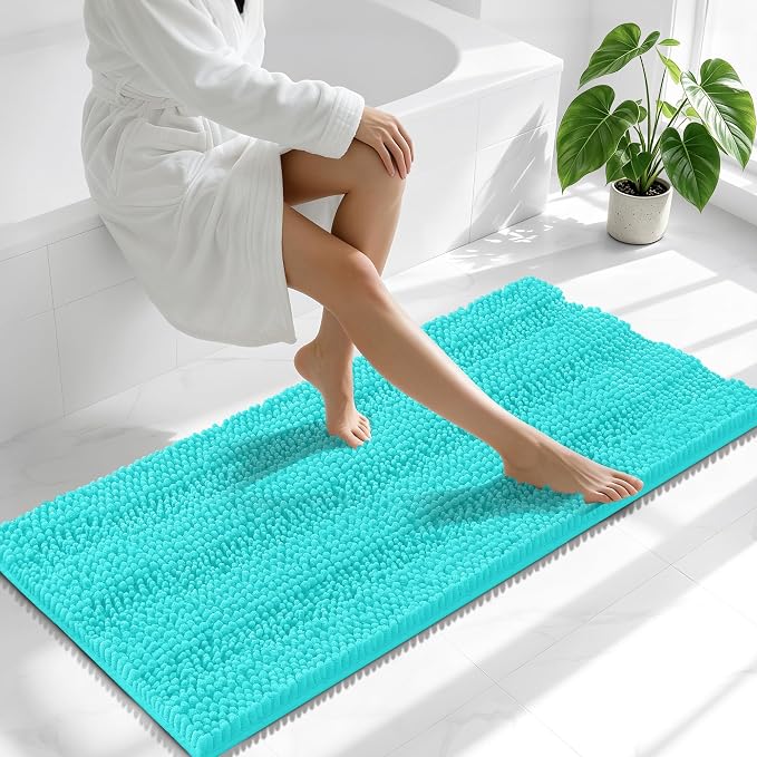 Smiry Thick Chenille Bathroom Runner Rugs 47x20, Extra Absorbent Striped Bath Mat, Machine Washable, Rubber Backing, Long Bath Rugs for Tub & Shower, Modern Home Decor Accessories, Teal