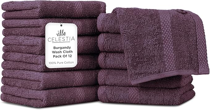 Cotton Washcloths Set of 12, 12x12 Inch, 100% Ring-Spun Combed Cotton, Soft Absorbent Quick-Dry Wash Cloths for Face and Body, Oeko-TEX Certified, Hotel & Spa Quality, Burgandy