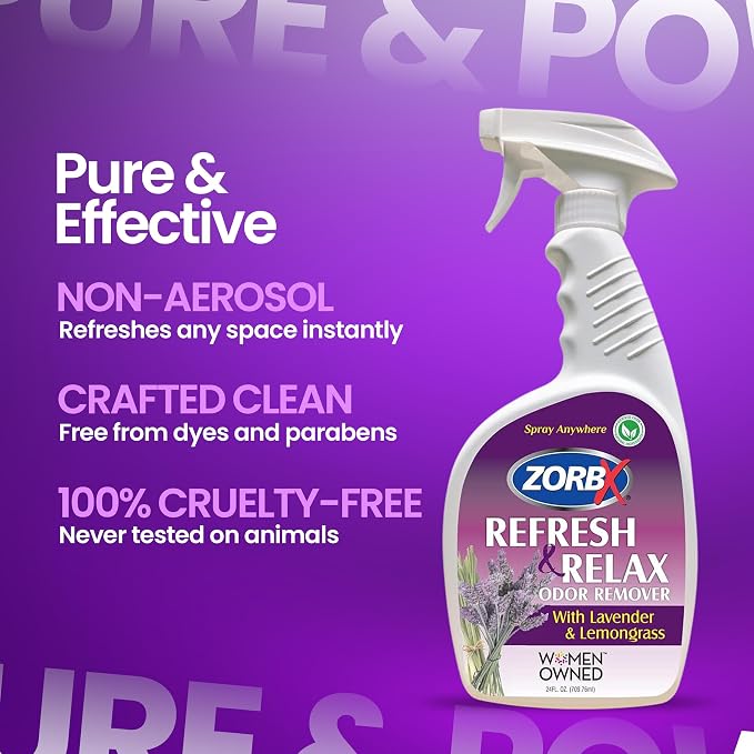 ZORBX Lavender & Lemongrass Spray, 24 Oz - All-Purpose Deodorizer, Refreshes Fabric, Removes Strong Odors, Perfect for Home, Car, Gym, Laundry | All-Purpose Air Freshener & Fabric Deodorizer Spray for Home, Car, Gym, Laundry, Shoes & Carpet Deodorizing