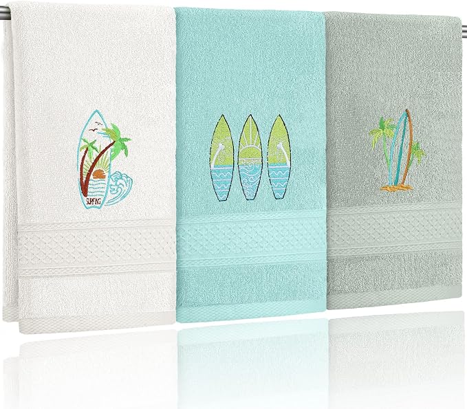 Hahafelt 3 Pack Summer Surfboard Hand Towels for Bathroom 100% Cotton Embroidered Beach Bathroom Towels 13.78 x 29.53 Inch Soft Absorbent (Green Series, Surfboard)