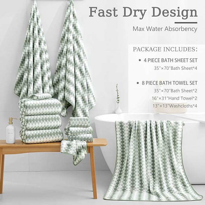 8 Piece Bathroom Towel Set Green |2 Oversized Large Bath Towels Sheet,2 Hand Towels and 4 Washcloths| 600GSM Ultra Soft Luxury Premium Towel Set Highly Absorbent Quick Dry Hotel Towel Collection