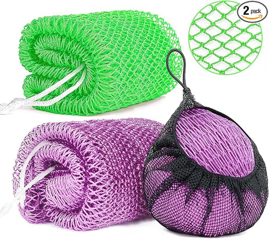 2 Pack African Net Sponge Exfoliating Body Scrubber Bath Sponge for Daily Use (Light Purple + Light Green)