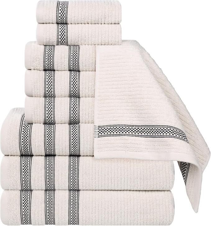 Superior Cotton 9-Piece Towel Set, Zero Twist, Ribbed Geometric, Bathroom Essentials, Shower, Spa, Luxury Plush Soft Absorbent Towels, Includes 3 Bath, 3 Hand, 3 Washcloth/Face Towels, Stone